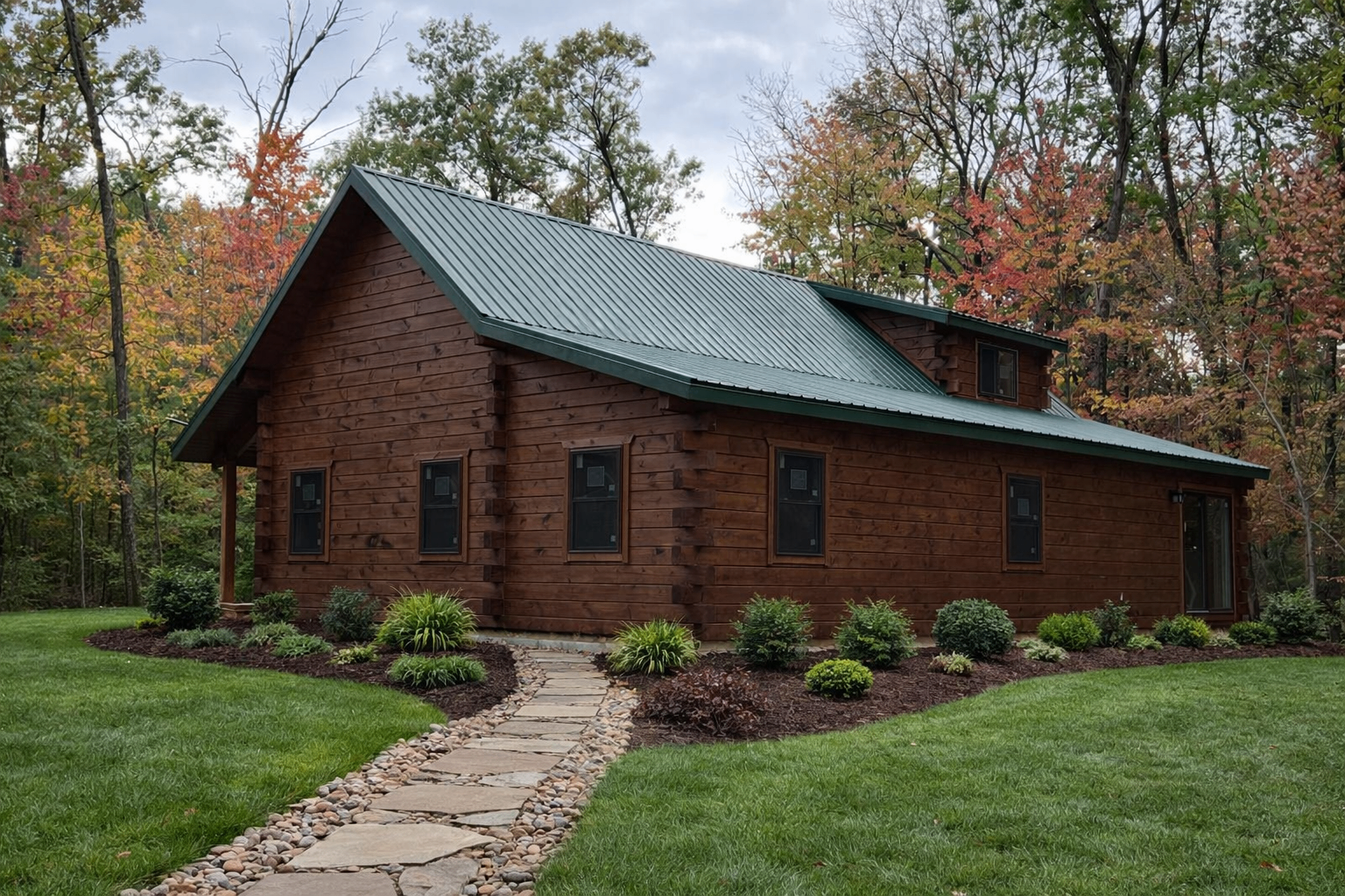 Finished log cabin with green metal roof and landscaped stone path